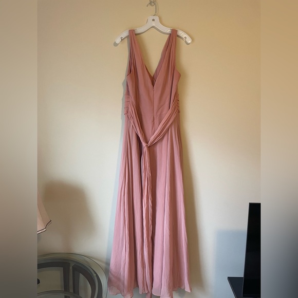 David’s Bridal long chiffon surplice tank bridesmaid dress in color Desert Coral - Picture 3 of 5